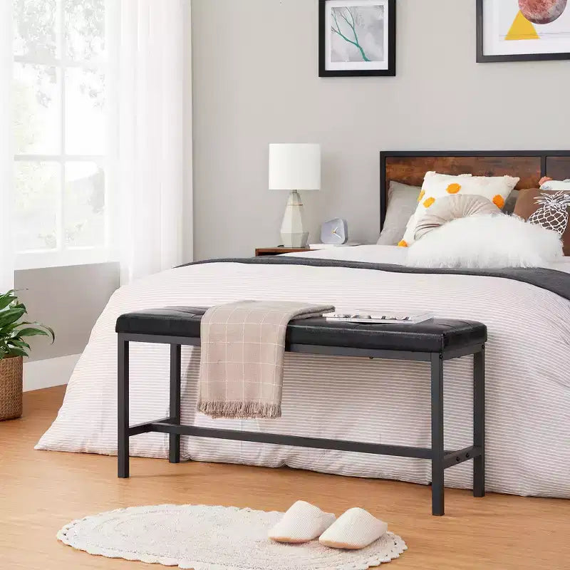 Dining Table Bench, Ottoman Bench with PU Leather Padded Seat, Steel Frame, 42.5 x 12.8 x 18.9 Inches, Hallway, Bedroom, Black