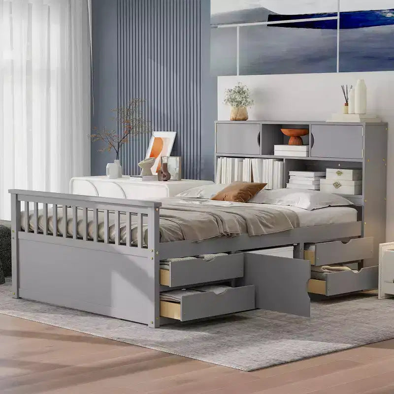 Whisen Twin Size Captain Platform Bed Frame with Storage Bookcases, Drawers and Shelves