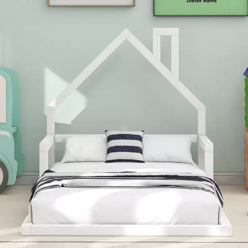 Cadre de lit simple avec tête de lit de rangement, lit double en bois au ras du sol