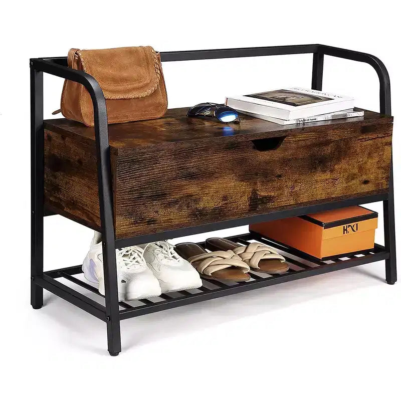 Shoe Bench with Storage, 33-Inch Wooden Shoe Storage Organizer with Flip Top Box