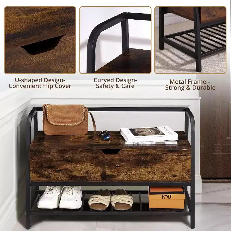 Banc à chaussures avec rangement, Rangement à chaussures en bois