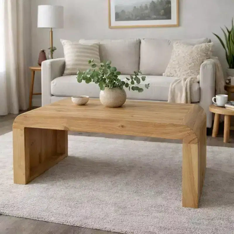 Table basse artisanale en bois d'acacia naturel rectangulaire