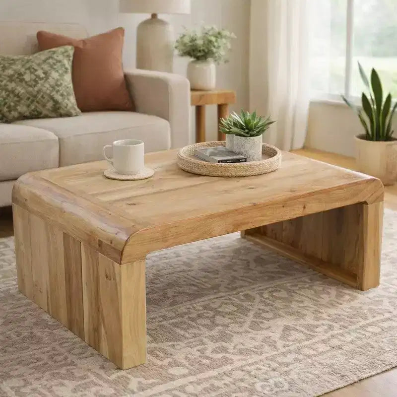 Table basse artisanale en bois d'acacia naturel rectangulaire