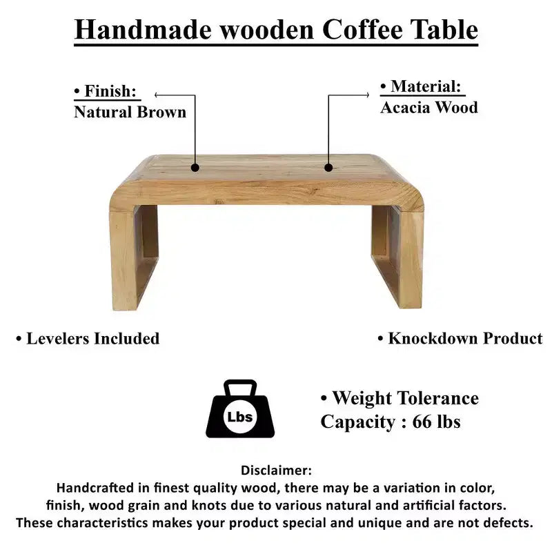 Table basse artisanale en bois d'acacia naturel rectangulaire