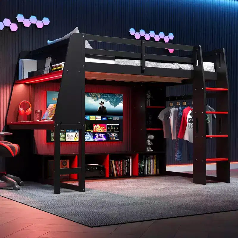 Wooden Gaming Loft Bed with LED Desk, Twin/Full Size Gaming Loft Bed with Storage Shelves and Hanging Clothes Rack