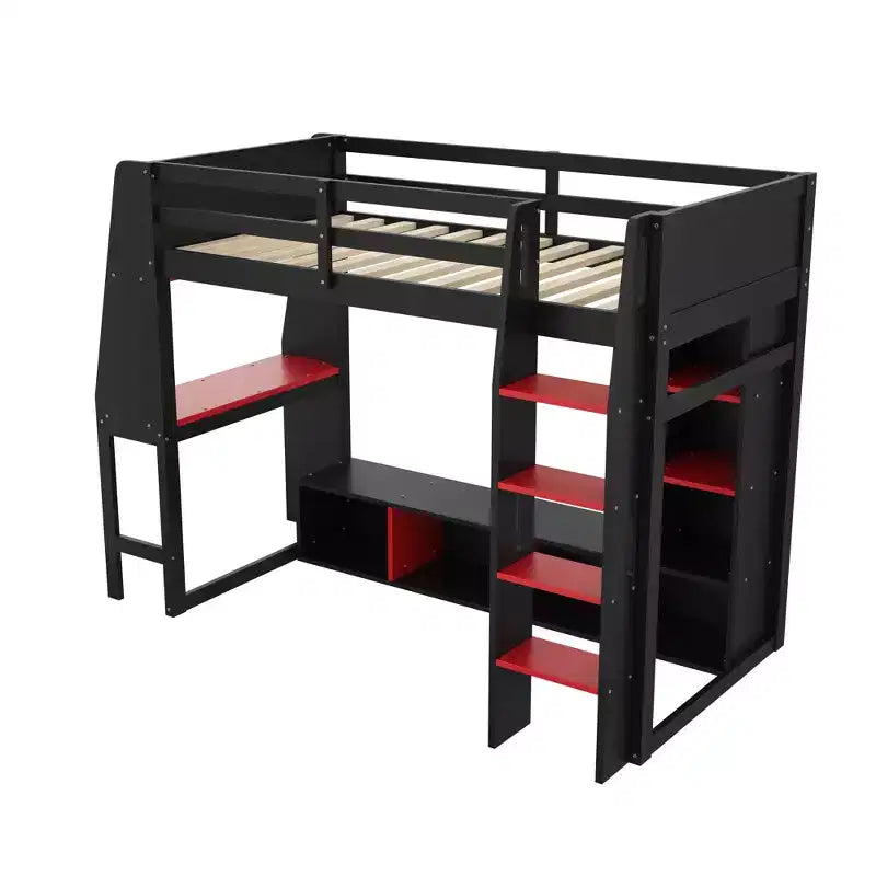 Lit mezzanine gamer en bois avec bureau LED