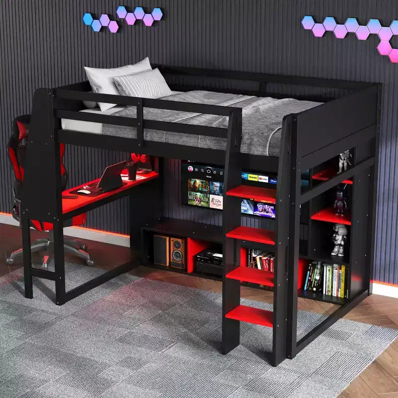 Lit mezzanine gamer en bois avec bureau LED