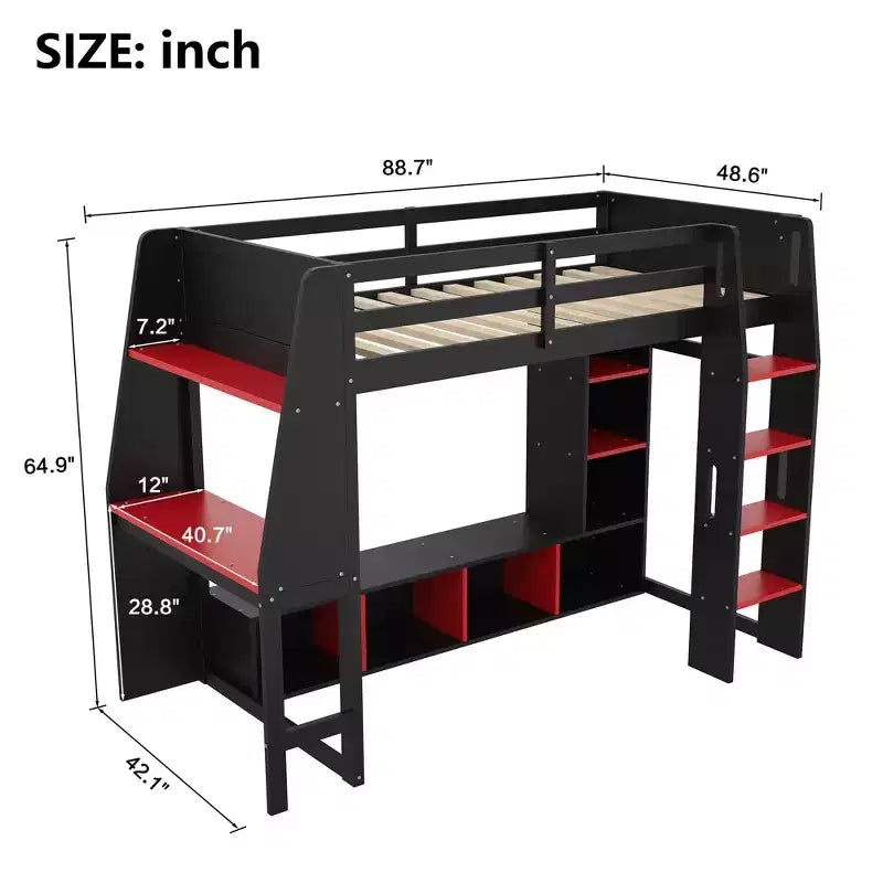 Lit mezzanine gamer en bois avec bureau LED