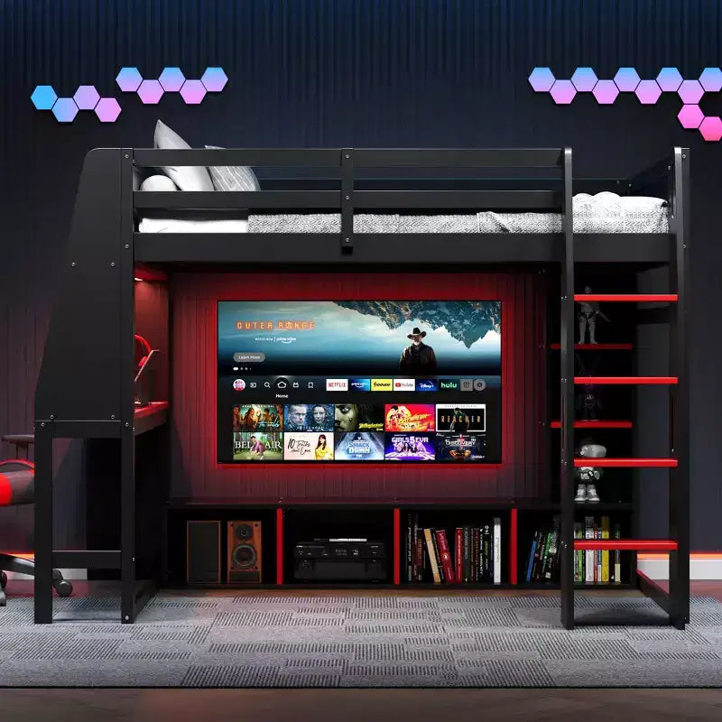Lit mezzanine gamer en bois avec bureau LED