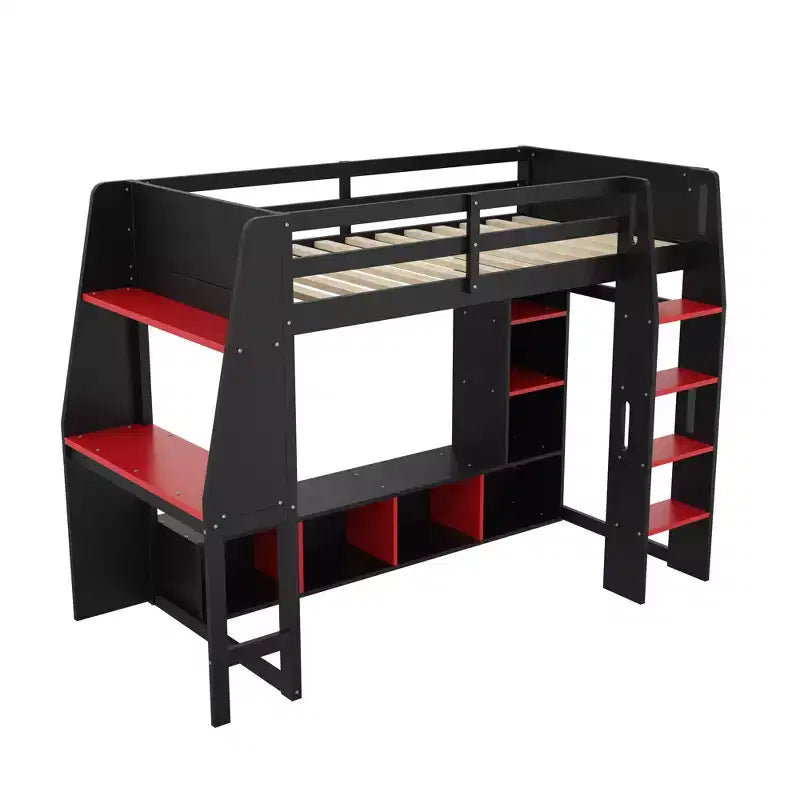 Lit mezzanine gamer en bois avec bureau LED