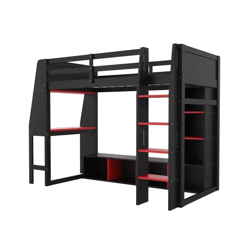 Lit mezzanine gamer en bois avec bureau LED