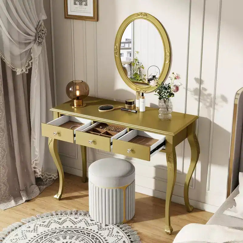 Whisen Luxury Makeup Vanity Desk, 3-Drawer Dressing Table, Elegant Console Table with Oval Mirror