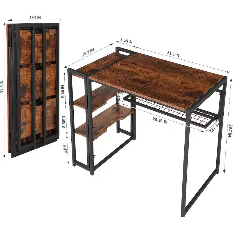 Bureau informatique pliable de 35 pouces avec étagère de rangement pour appartement