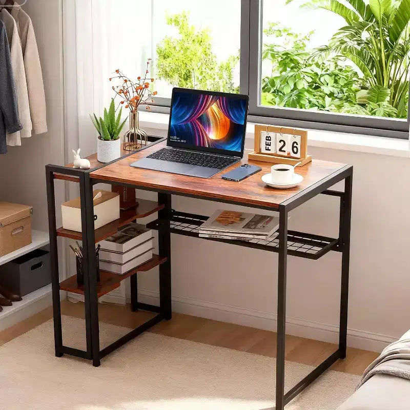 Bureau informatique pliable de 35 pouces avec étagère de rangement pour appartement