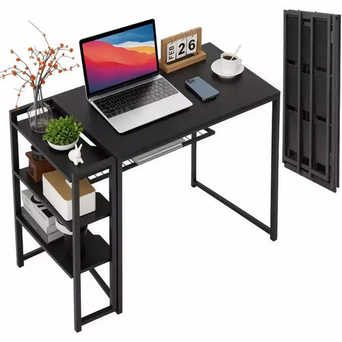 35 Inch Folding Computer Desk with Storage Shelf | No Assembly Space-Saving Table | For Home Office, Bedroom, Dorm, Apartment