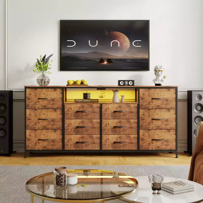 TV Stand 63 Dresser TV Stand for 65-75 Inch TVs with Charging Station & Lights