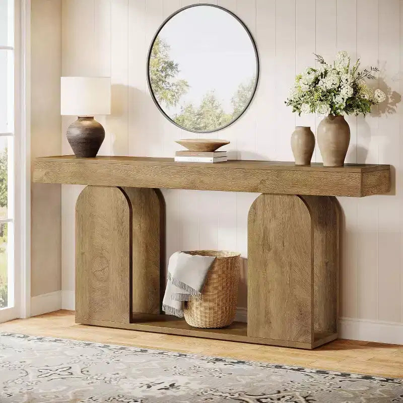 Lantine 70.9-Inch Farmhouse Console Sofa Table with Wood Frame and 2-Tier Storage Shelf Light Brown Ideal for Living Room Hallway Foyer.