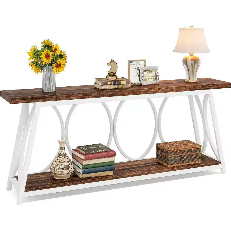 Lantine 70.9-Inch Extra Long Console Table Industrial Sofa Table with Storage Shelf for Living Room Entryway Hallway White & Brown