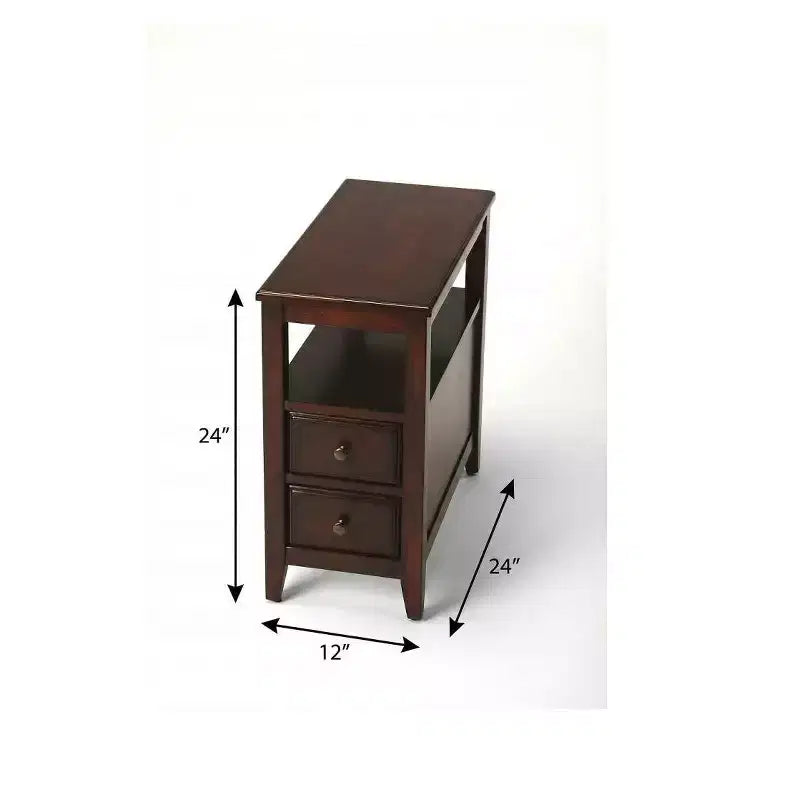 Table de chevet en bois manufacturé marron foncé avec deux tiroirs et une étagère