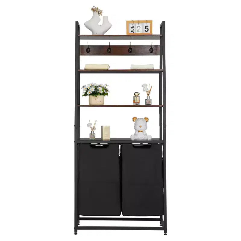 VEVOR 4 Tiers Laundry Sorter Tall Laundry Hamper with Shelves and Hooks 2 Section Freestanding Basket Organizer Storage Black