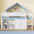 Luxystar Full Size Loft Bed with Stripe Canopy Roof, Storage Shelves and Cabinet