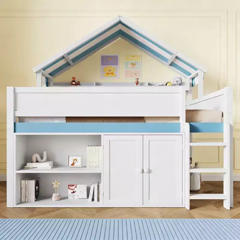 Luxystar Full Size Loft Bed with Stripe Canopy Roof, Storage Shelves and Cabinet