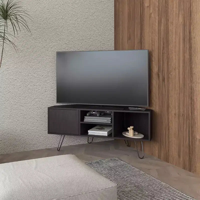 JVNOXK 65 Inch Modern TV Stand with Doors and Open Storage Space, Scratch-Resistant Surface, Equipped with Elegant Hairpin Legs, Brown