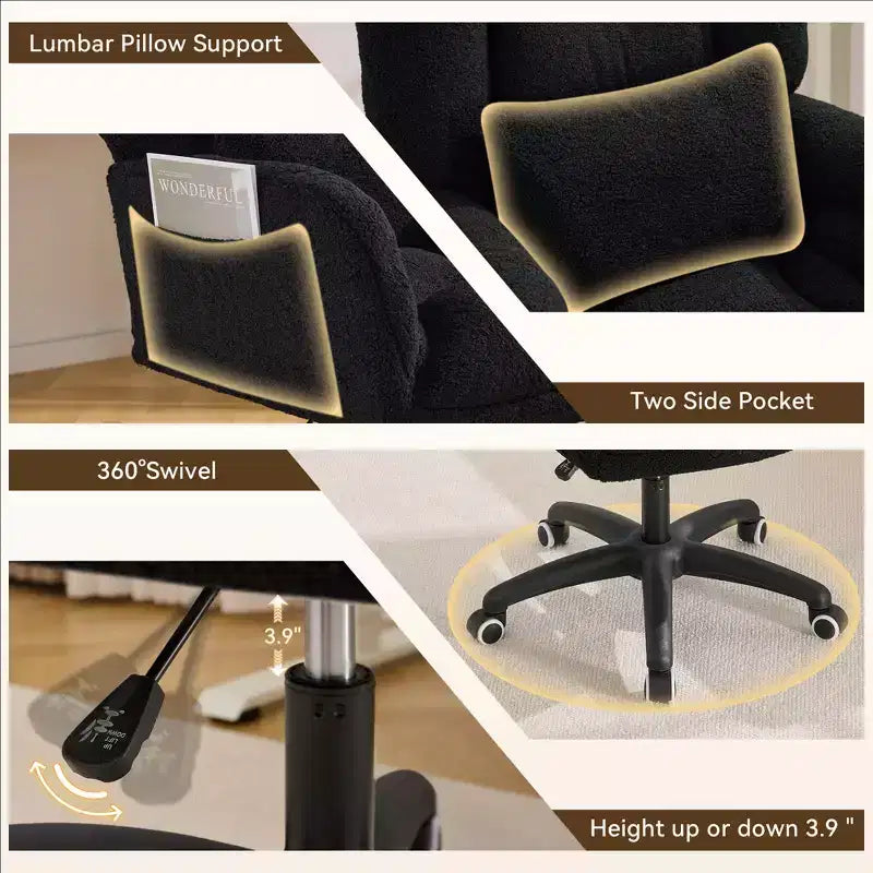 Chaise de bureau réglable en tissu avec support lombaire et roulettes