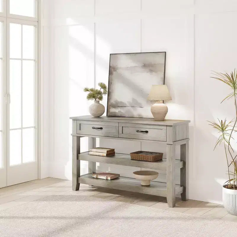 Farmhouse 3-Tier Wooden Console Table with 2 Storage Drawers Versatile Entryway and Living Room Sofa Table