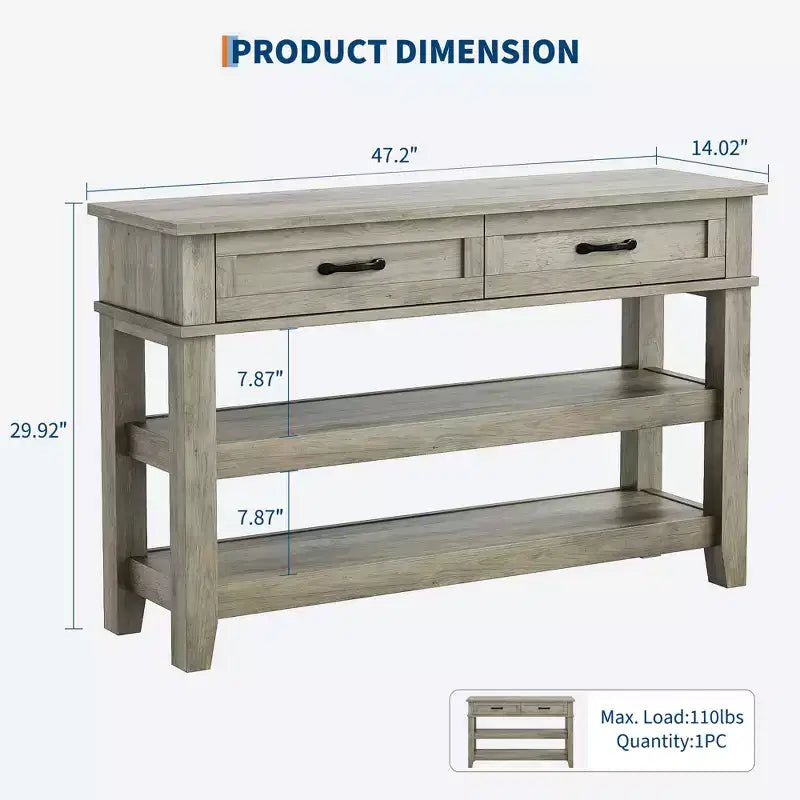 Console de ferme en bois à 3 niveaux avec 2 tiroirs de rangement