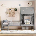 Twin/Full Size House Bed with Stairs and Window Solid Wood Platform Bed with Bookcase for Kids