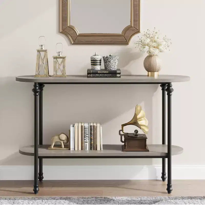 Narrow 2-Tier Industrial Entryway Console Table with Storage Shelf Thin Behind Couch Sofa Table Farmhouse Style