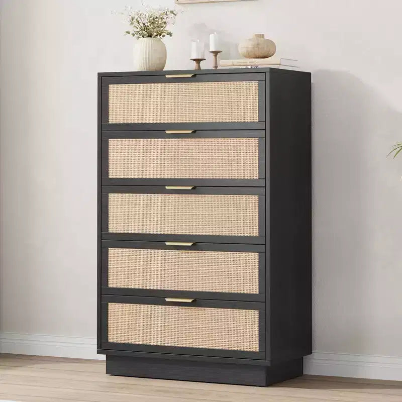Commode 5 tiroirs en rotin Tressage en rotin naturel Meuble de rangement en bois
