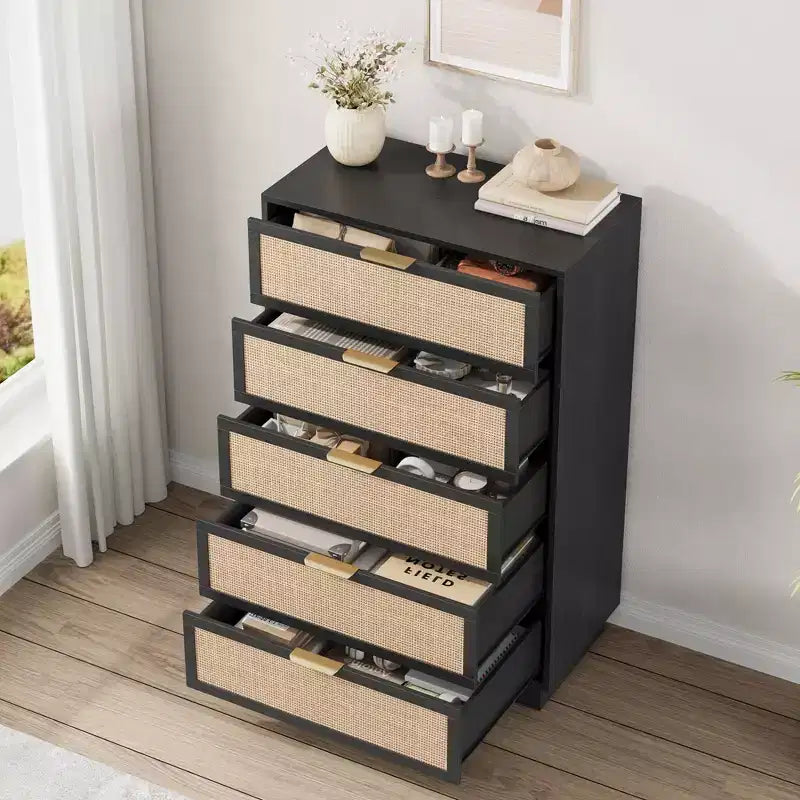 Commode 5 tiroirs en rotin Tressage en rotin naturel Meuble de rangement en bois