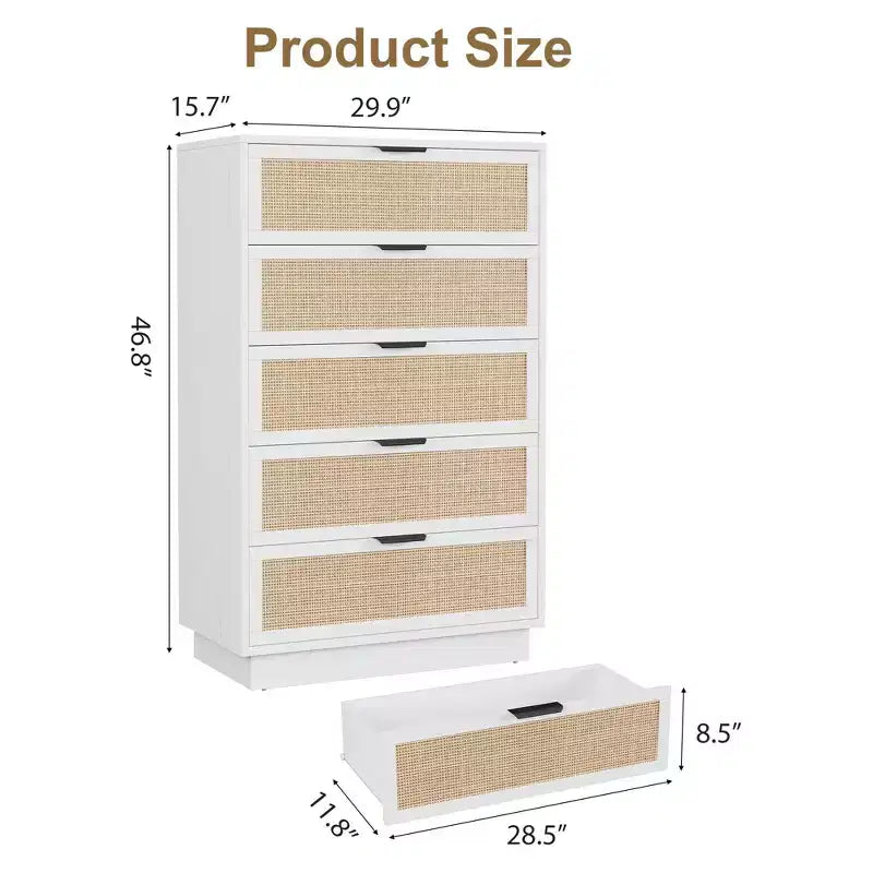 Commode 5 tiroirs en rotin Tressage en rotin naturel Meuble de rangement en bois