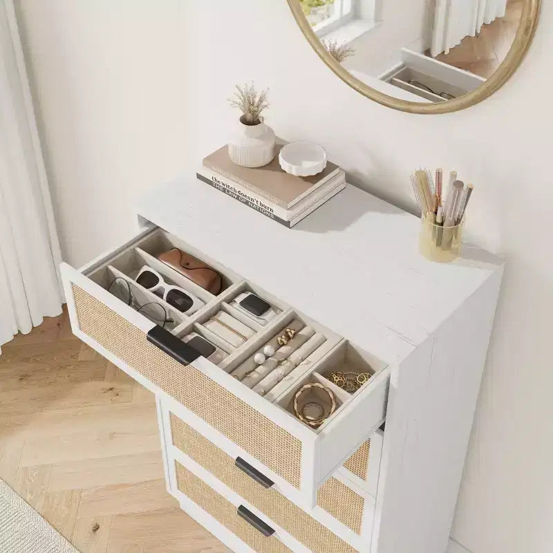Commode 5 tiroirs en rotin Tressage en rotin naturel Meuble de rangement en bois