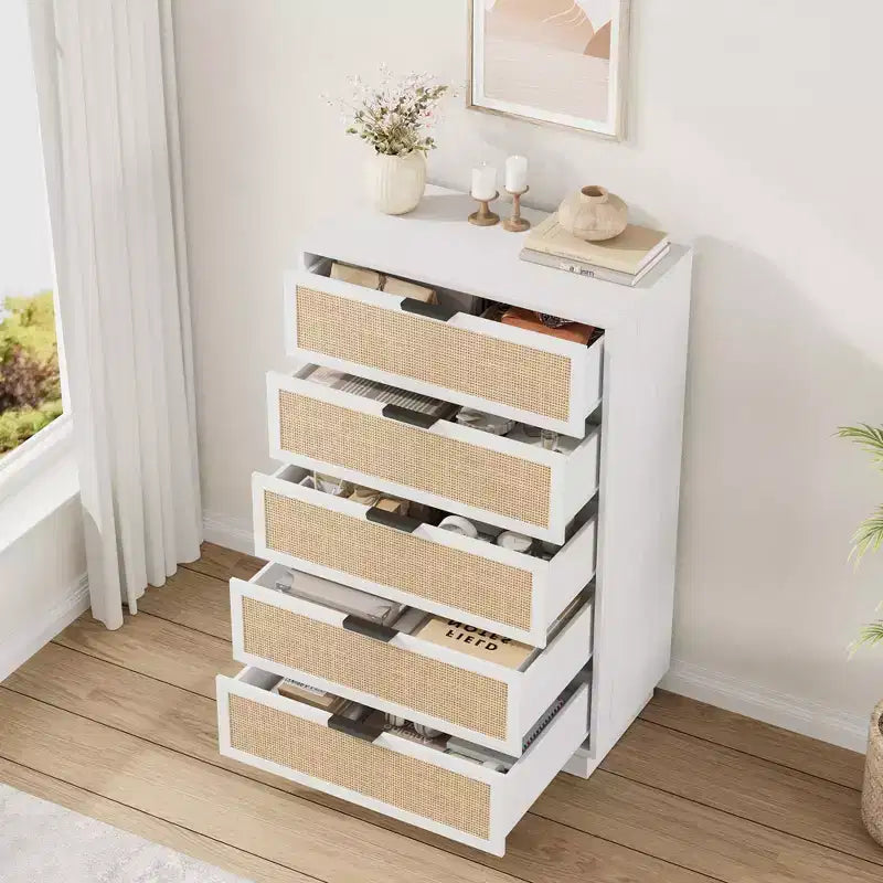 Commode 5 tiroirs en rotin Tressage en rotin naturel Meuble de rangement en bois
