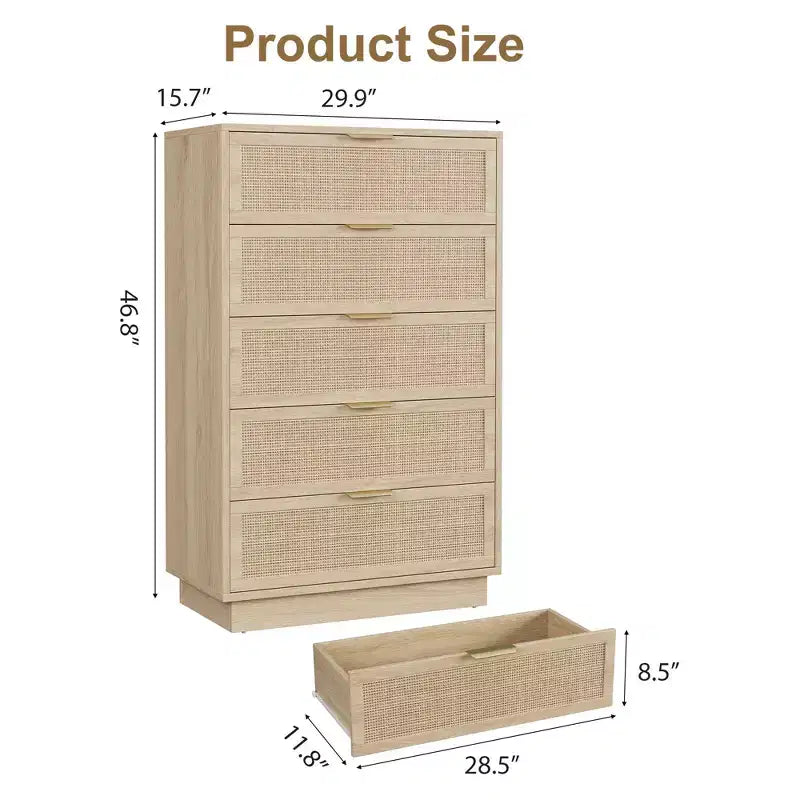 Commode 5 tiroirs en rotin Tressage en rotin naturel Meuble de rangement en bois