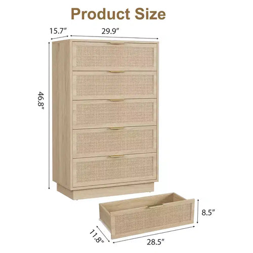 Commode 5 tiroirs en rotin Tressage en rotin naturel Meuble de rangement en bois