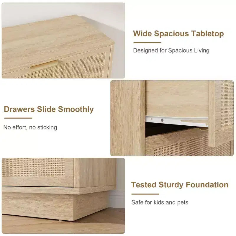 Commode 5 tiroirs en rotin Tressage en rotin naturel Meuble de rangement en bois
