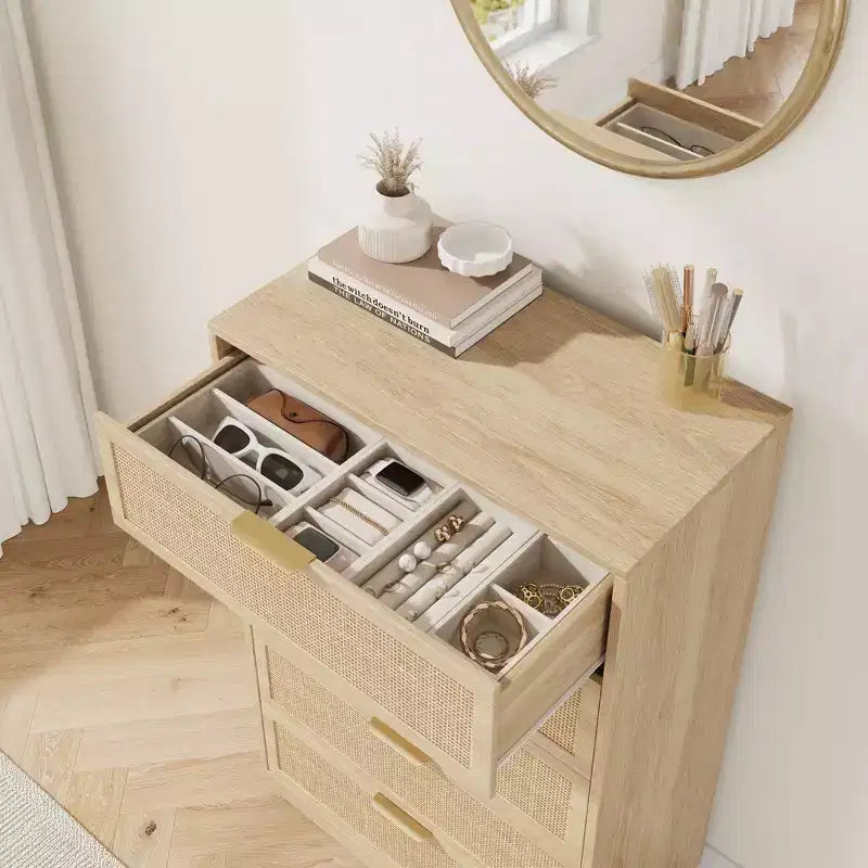 Commode 5 tiroirs en rotin Tressage en rotin naturel Meuble de rangement en bois