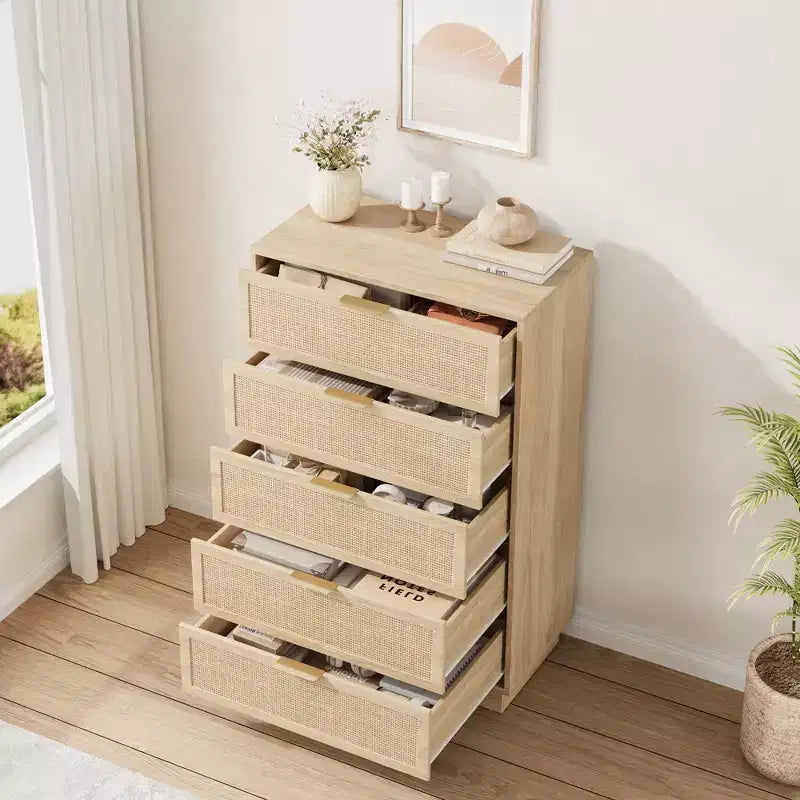 Commode 5 tiroirs en rotin Tressage en rotin naturel Meuble de rangement en bois