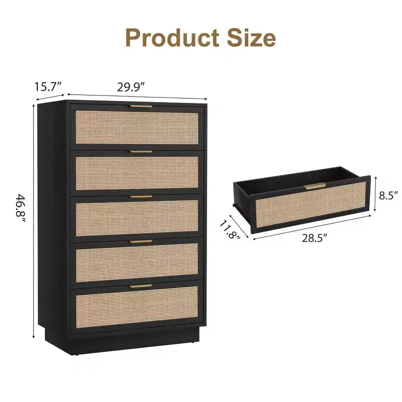 Commode 5 tiroirs en rotin Tressage en rotin naturel Meuble de rangement en bois