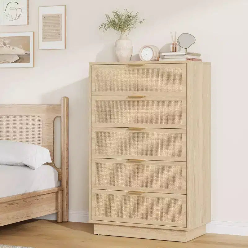 5 Drawer Rattan Dresser Natural Rattan Weave Wooden Storage Cabinet Wooden Chest Easy Assembly for Hallways Entryways