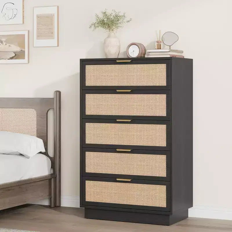Commode 5 tiroirs en rotin Tressage en rotin naturel Meuble de rangement en bois