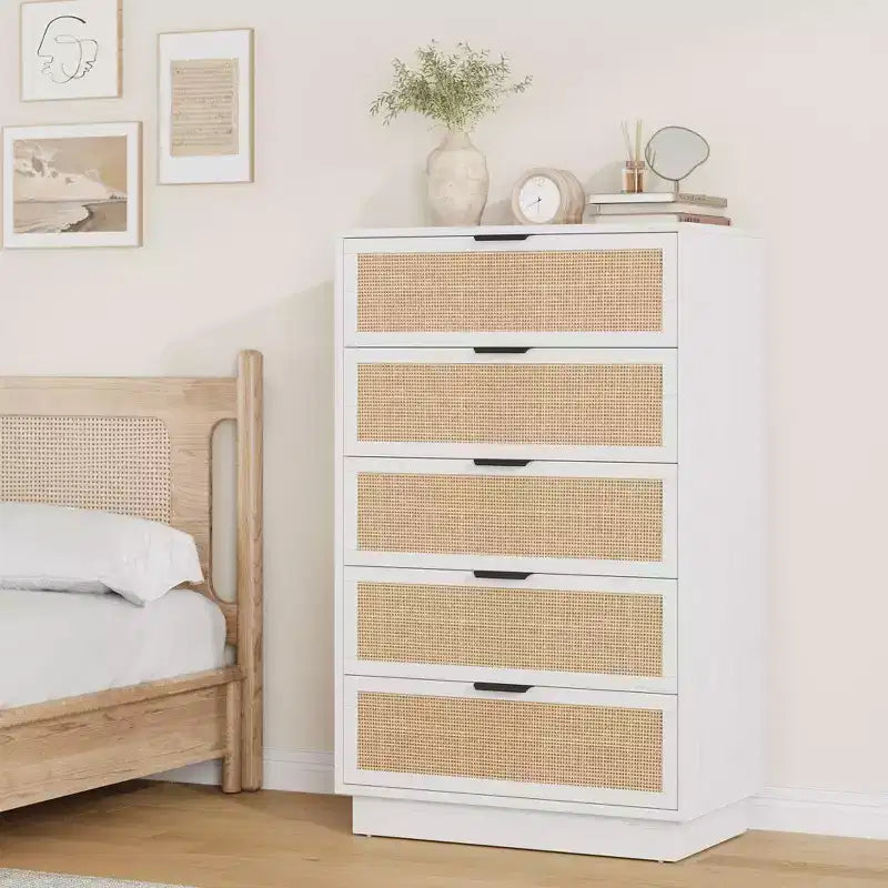 Commode 5 tiroirs en rotin Tressage en rotin naturel Meuble de rangement en bois