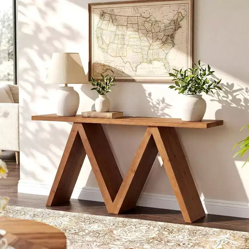 Lantine 63-Inch Solid Wood Console Table with M-Shapeed Base Farmhouse Sofa Table Behind Couch for Entryway Hallway Living Room