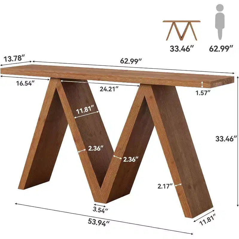 Console en bois massif avec piètement en M, table de canapé de style ferme