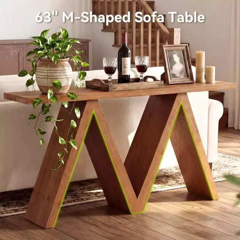 Console en bois massif avec piètement en M, table de canapé de style ferme