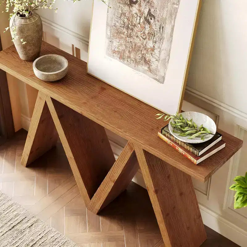 Console en bois massif avec piètement en M, table de canapé de style ferme